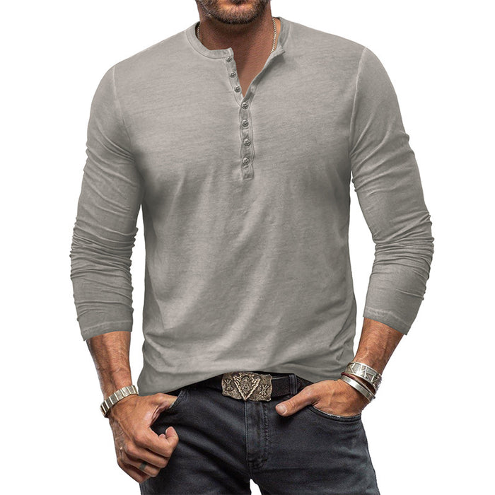 Men's Vintage Washed Henley – Button V-Neck Long Sleeve Shirt