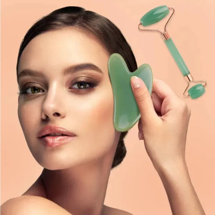 Jade Gua Sha & Face Roller Set – 2-Piece Facial Sculpting Kit